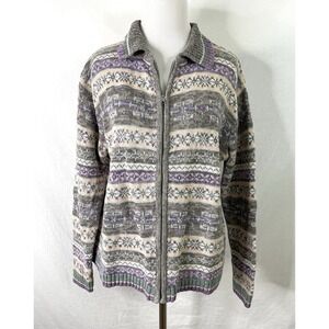 Vintage Nordic Fair Isle Sweater Womens Medium M Full Zip Cardigan Ramie Cotton